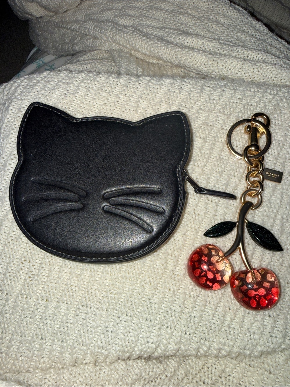 Coach Black Cat Coin Pouch with Red Cherry Keychain-NWOT